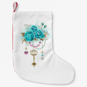 Petite Chaussette De Noël Roses Turquoise avec Clés