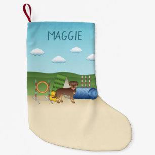 Petite Chaussette De Noël Rottweiler rouge et fauve avec équipement d'agilit