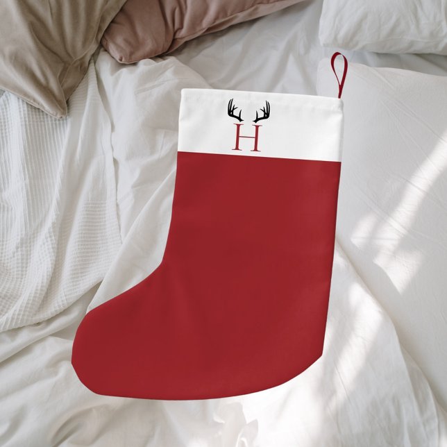 Petite Chaussette De Noël Rouge blanc monogramme moderne bois (Créateur téléchargé)