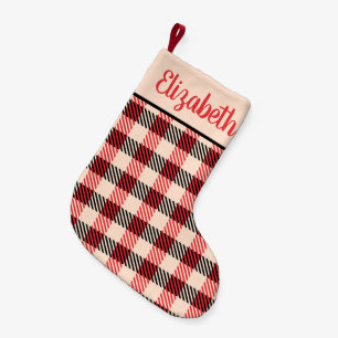 Petite Chaussette De Noël Rouge et noir carreau de buffle avec nom