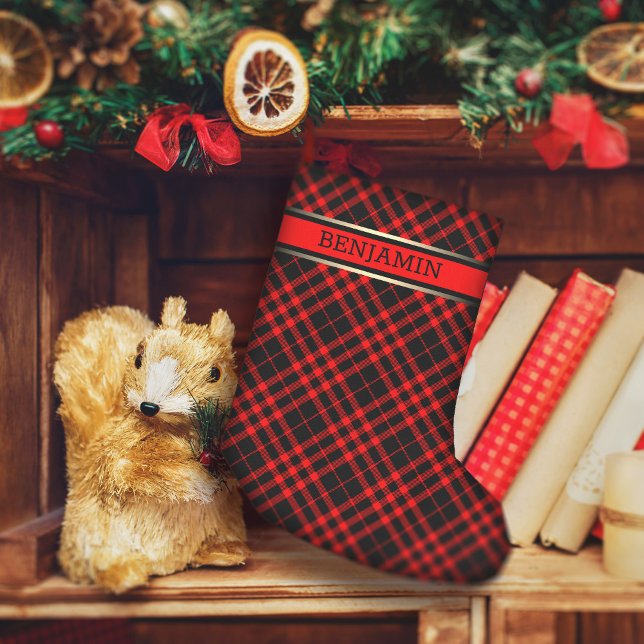 Petite Chaussette De Noël Rouge et noir Plaid Motif Nom Moderne Personnalisé (Créateur téléchargé)