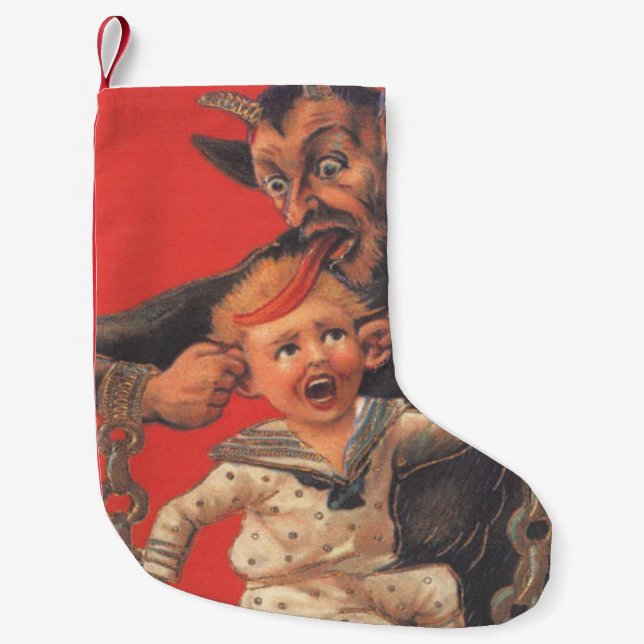 Petite Chaussette De Noël Rouge Krampus tirant les oreilles des garçons (Devant)