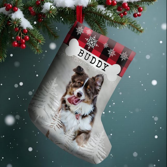 Petite Chaussette De Noël Rouge Pin Rustique Paid Chien Bone Pet Photo (Red Plaid Rustic Pine Trees Dog Bone Pet Photo Small Christmas Stocking)