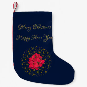 Petite Chaussette De Noël Rouge Poinsettia Plante sur un ciel étoilé brillan