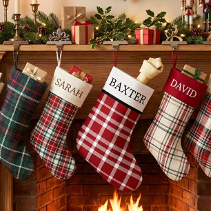 Petite Chaussette De Noël Rouge rustique blanc à carreaux personnalisé festi