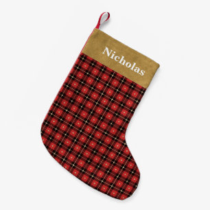 Petite Chaussette De Noël Rouge Rustique, Plaid de Bûcheron Noir et Or - Nom