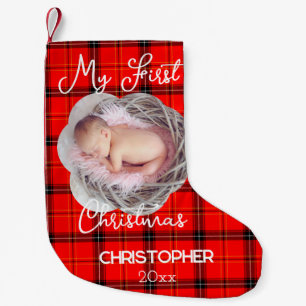 Petite Chaussette De Noël Rouge Tartan Cute Baby Photo Mon premier Noël