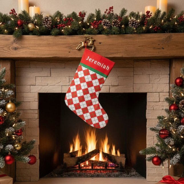 Petite Chaussette De Noël Rouge Vert Blanc Argyll Monogrammé (Stocking not to scale in the photo.)