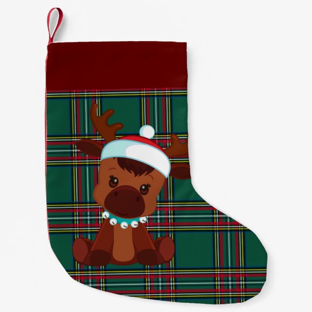 Petite Chaussette De Noël Rouge/Vert Plaid 'Reindeer Noël Stocker (Devant)