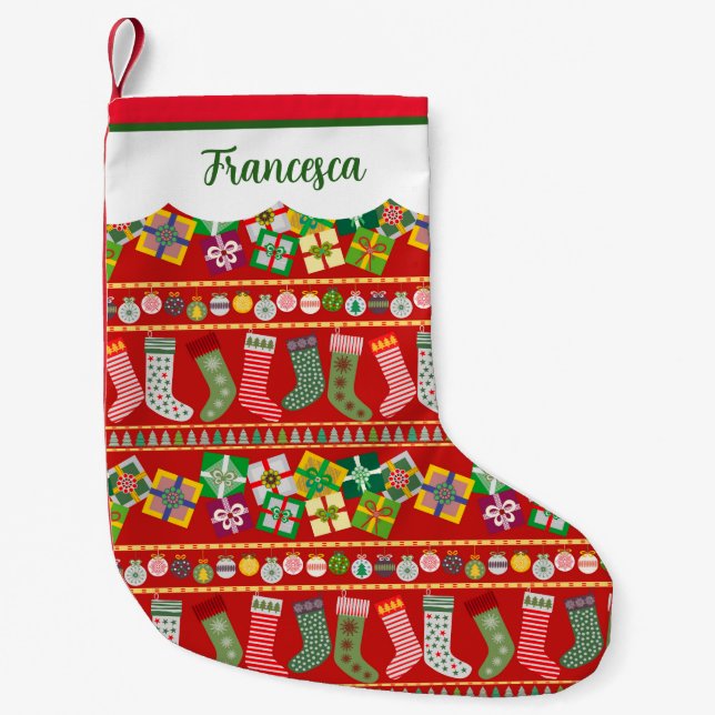 Petite Chaussette De Noël Rouge vert traditionnel Noël Motif géométrique (Devant)