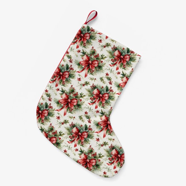 Petite Chaussette De Noël Rubans rouges et feuilles de houx (Devant (Accrochage))