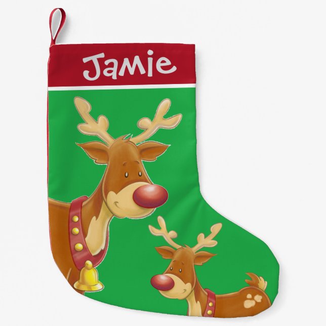 Petite Chaussette De Noël Rudolph et bébé mignon vert Personnalisé (Devant)