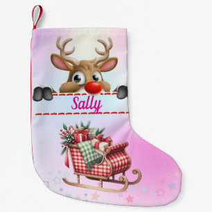 Petite Chaussette De Noël Rudolph Reindeer avec Père Noël Sleigh - Rose