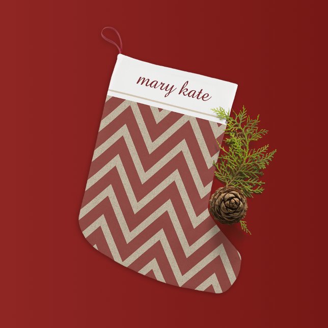 Petite Chaussette De Noël Russe Red Faux Burlap Motif Chevron (Créateur téléchargé)