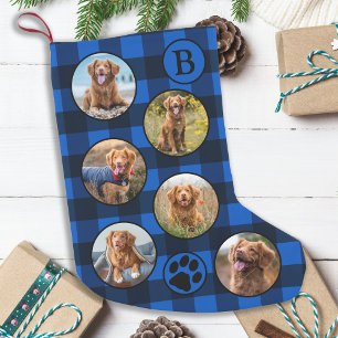Petite Chaussette De Noël Rustique Bleu Noir Plaid Amusant Animaux de compag