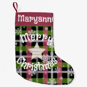 Petite Chaussette De Noël Rustique rose et vert plaid