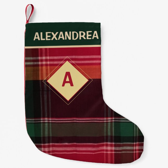 Petite Chaussette De Noël Rustique Rouge Vert Plaid Diamant Monogramme Perso (Devant)