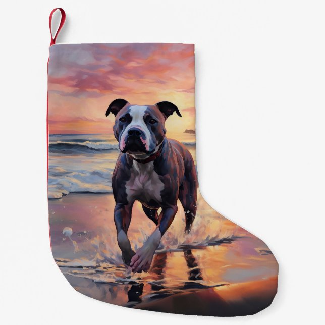 Petite Chaussette De Noël Sandy American Staffordshire Dog on Beach Sunset (Devant)