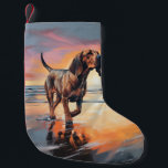 Petite Chaussette De Noël Sandy Paws Bloodhound Dog on Beach Sunset<br><div class="desc">Plongez dans la beauté tranquille de notre chien "Sandy Paws and Sunset Hues" sur le coucher du soleil de plage. Cette scène captivante saisit l'essence d'une soirée parfaite au bord de l'eau, avec un fidèle compagnon canin qui profite du sable doré et des teintes époustouflantes du soleil couchant. Que vous...</div>