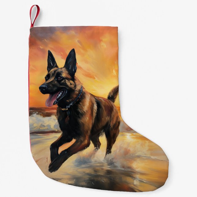 Petite Chaussette De Noël Sandy Paws Chien Malinois Belge sur le coucher du  (Devant)