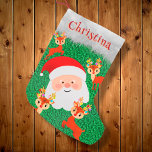 Petite Chaussette De Noël Santa Claus et Reindeer mignon nom personnalisé<br><div class="desc">Santa Claus et Reindeer avec le nom personnalisé Petite réserve de Noël</div>