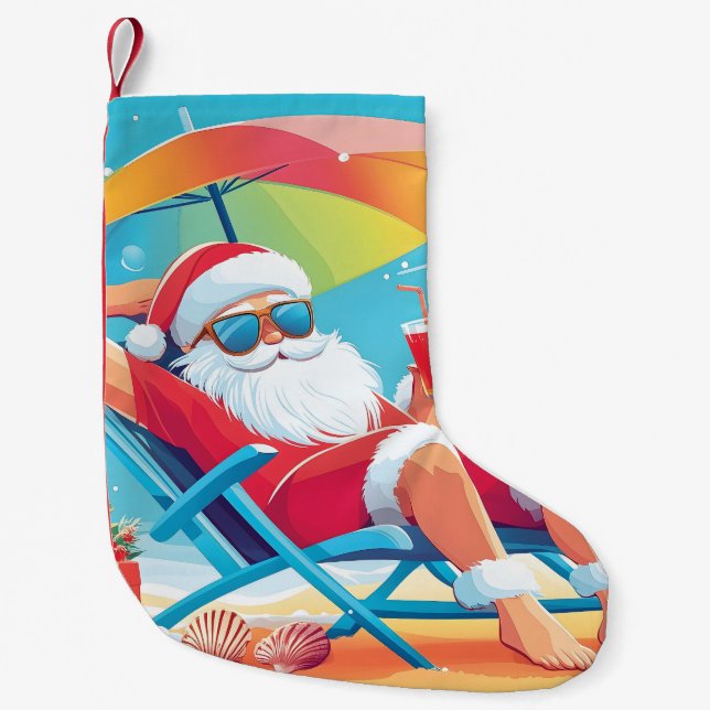 Petite Chaussette De Noël Santa Claus Se détendre sur une plage tropicale (Devant)