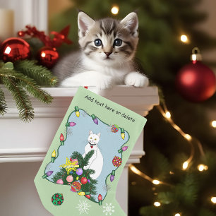 Petite Chaussette De Noël Sapin de Noël Drôle Chat Blanc