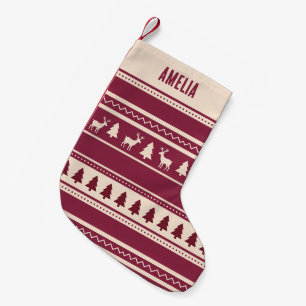 Petite Chaussette De Noël Scandi Fair Isle   Nom personnalisé rouge