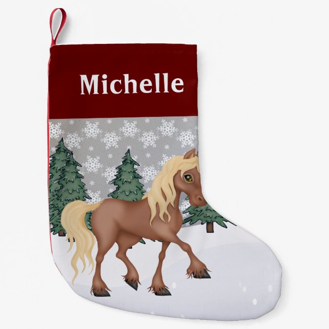 Petite Chaussette De Noël Scène d'hiver Cute Brown Horse personnalisée (Devant)