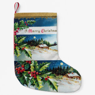 Petite Chaussette De Noël Scène vintage rétro de feuilles de houx et de neig