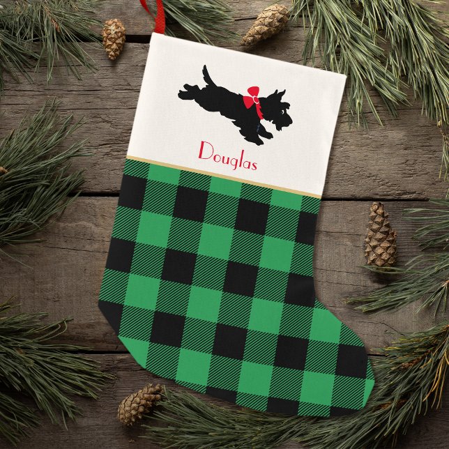 Petite Chaussette De Noël Scottie Chien Nom Personnalisé Buffalo Plaid Green (Créateur téléchargé)