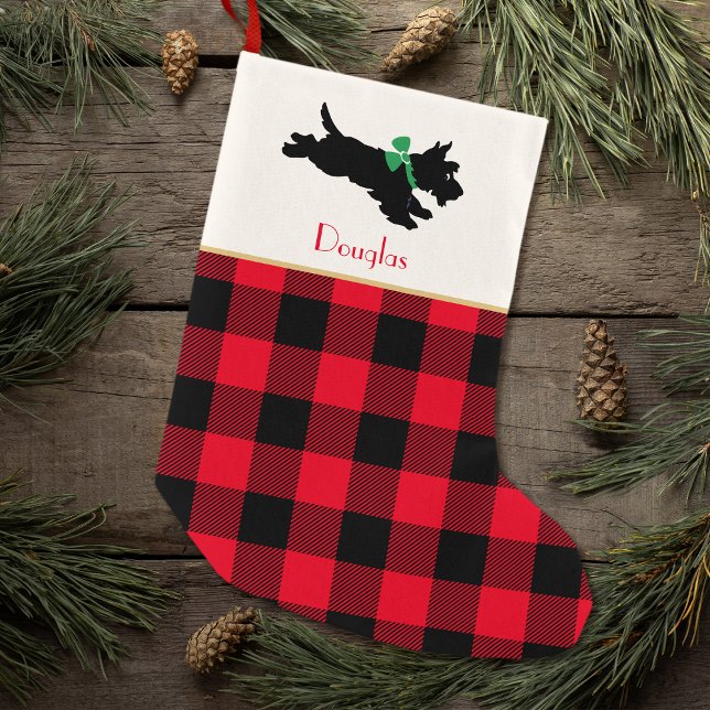Petite Chaussette De Noël Scottie Chien Nom Personnalisé Buffalo Plaid Red (Créateur téléchargé)