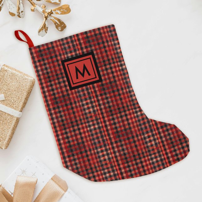 Petite Chaussette De Noël Scottish Red Tartan En vichy Motif noir Monogramme (Créateur téléchargé)