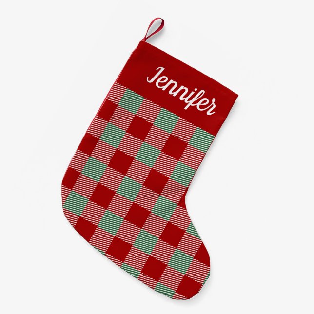 Petite Chaussette De Noël Script Rustique Rouge Et Vert Plaid (Devant (Accrochage))