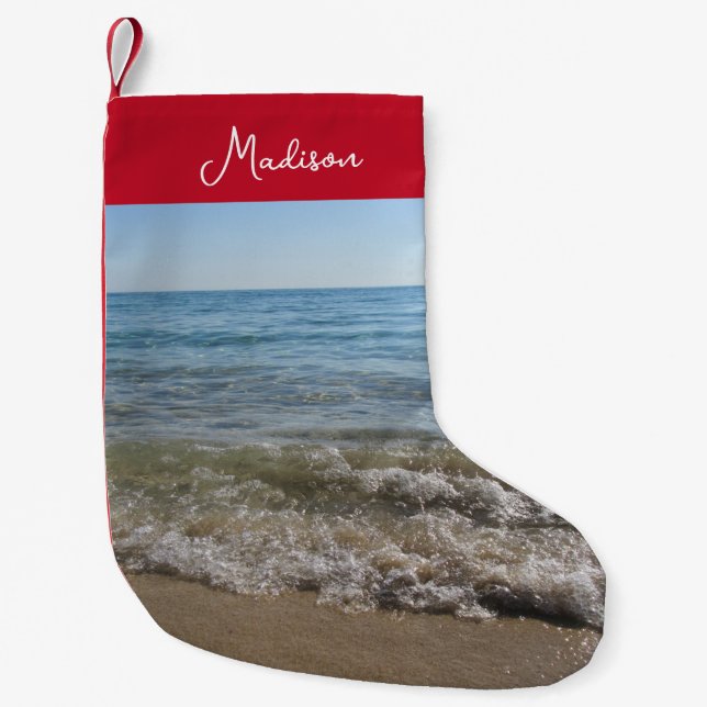 Petite Chaussette De Noël Sea & Sand Beach Waves Nom personnalisé (Devant)