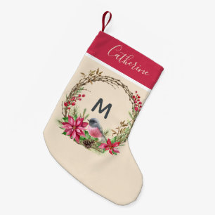 Petite Chaussette De Noël Serre rustique Poinsetta Berries d'oiseaux Monogra