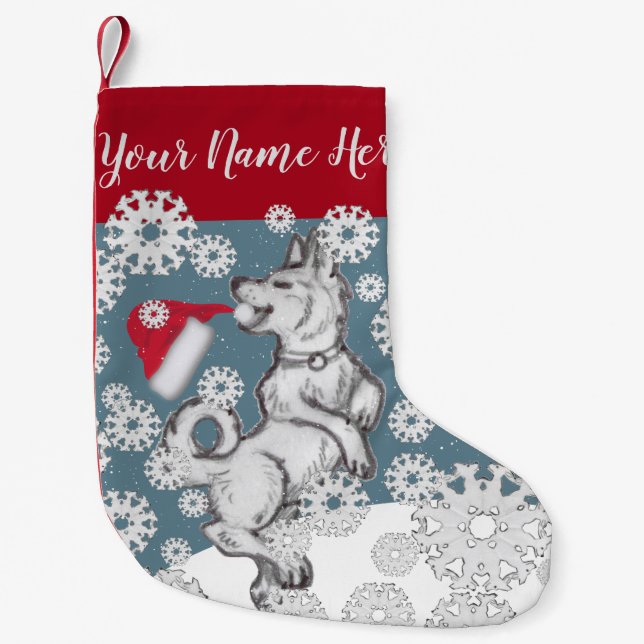 Petite Chaussette De Noël Shiba Inu Chien Santa Hat Blue Winter Snowflakes (Devant)