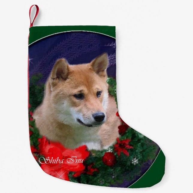 Petite Chaussette De Noël Shiba Inu - couronne de Noël (Devant)