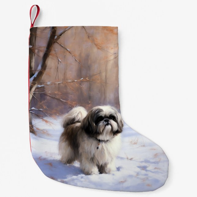 Petite Chaussette De Noël Shih Tzu Laisse Neige Noël (Devant)