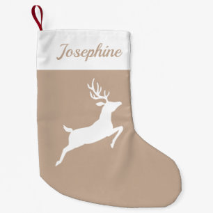 Petite Chaussette De Noël Silhouette De Rinde Blanc Sur Beige Et Nom Personn