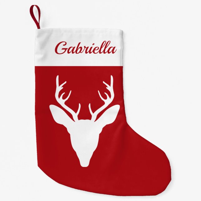 Petite Chaussette De Noël Silhouette De Tête De Cerf Blanc Sur Rouge Avec No (Devant)