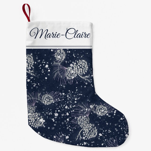 Petite Chaussette De Noël Silver Pinecone Marine Bleu Personnalisé neige (Devant)