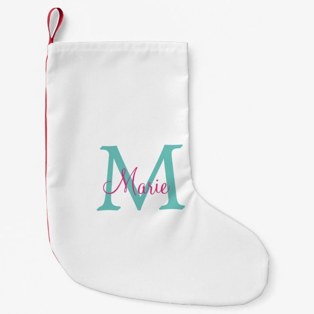 Petite Chaussette De Noël simple minimal ajouter nom monogramme vert rose bl (Devant)