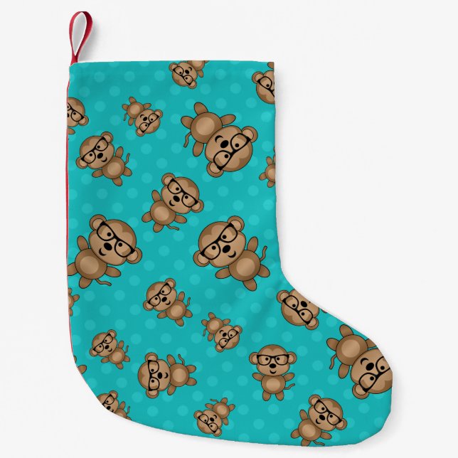 Petite Chaussette De Noël Singe nerd pois turquoise (Devant)