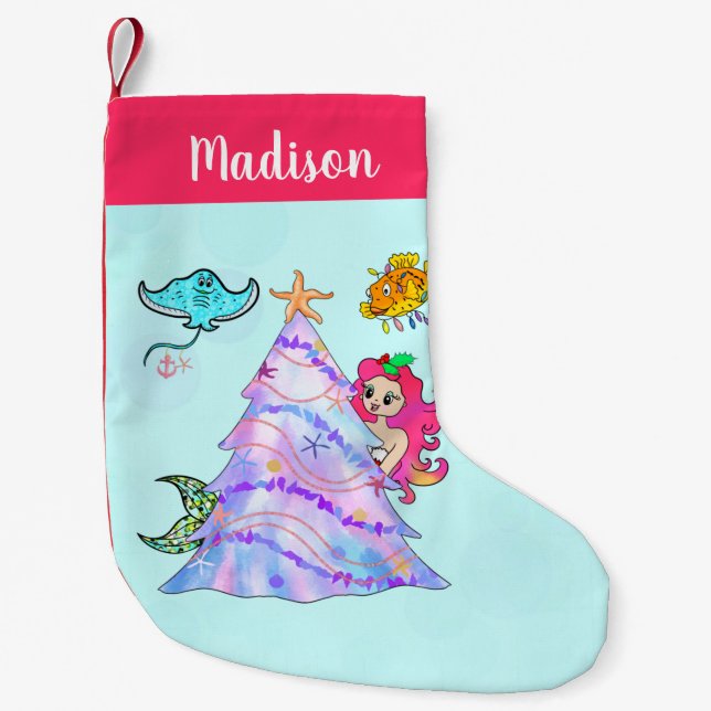 Petite Chaussette De Noël Sirène & Amis Décorant Arbre de Noël Nom (Devant)