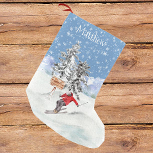 Petite Chaussette De Noël Ski Skier Neige Personnalisée Aquarelle