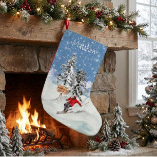 Petite Chaussette De Noël Skieur Ski Eau Personnalisée Aquarelle 