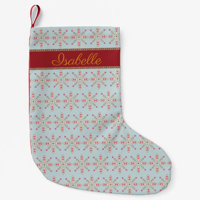 Petite Chaussette De Noël Snowflake coeur floral personnalisé nom bébé bleu  (Devant)