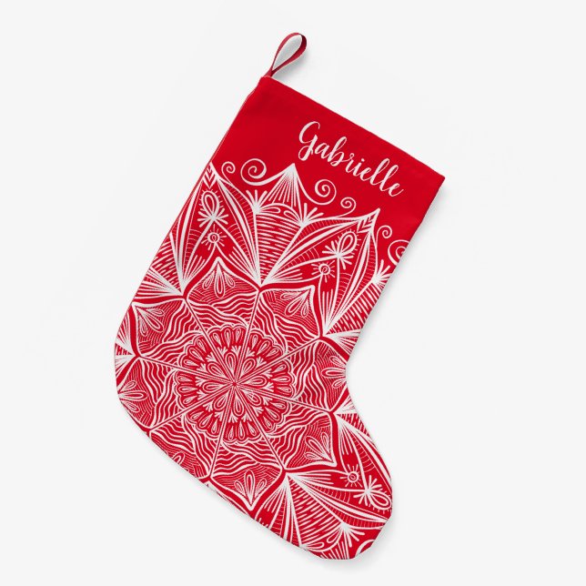 Petite Chaussette De Noël Snowflake Mandala Calligraphie Nom Rouge et blanc (Devant (Accrochage))