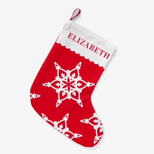 Petite Chaussette De Noël SNOWFLAKE moderne mignonette blanc sur rouge (Devant (Accrochage))
